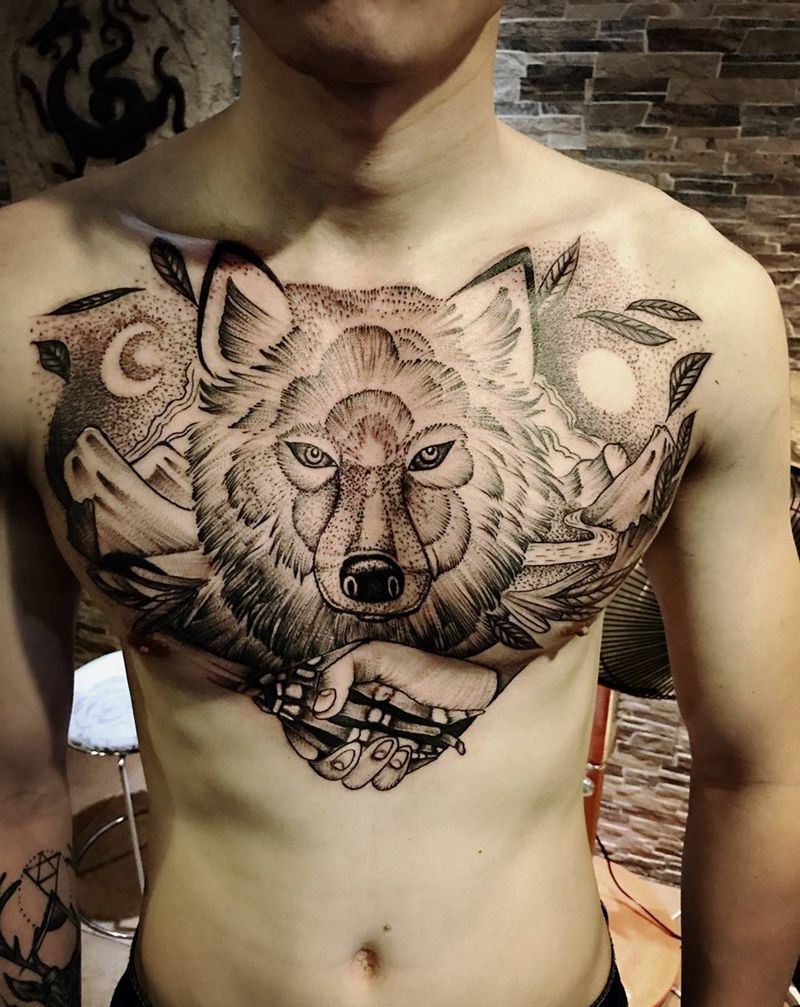 花胸狼头纹身图片