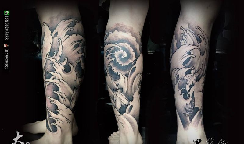 浪花包纹身图片_成品腿部传统纹身图案