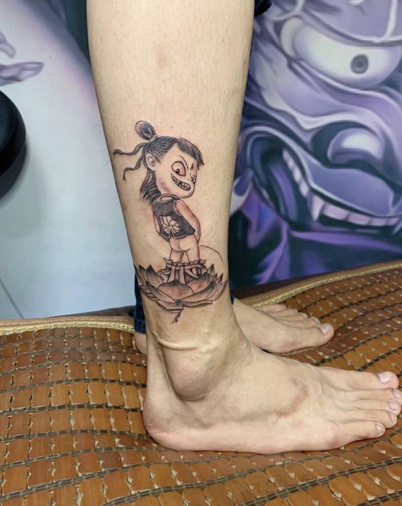 哪吒撒尿纹身图片_腿部纹身图案