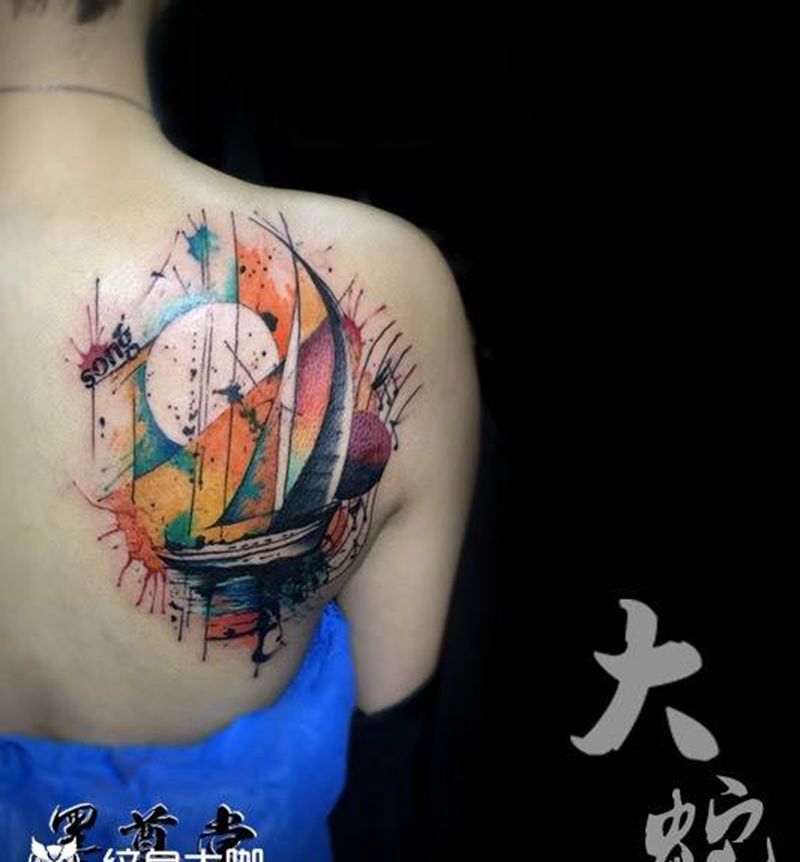 泼墨船纹身图片