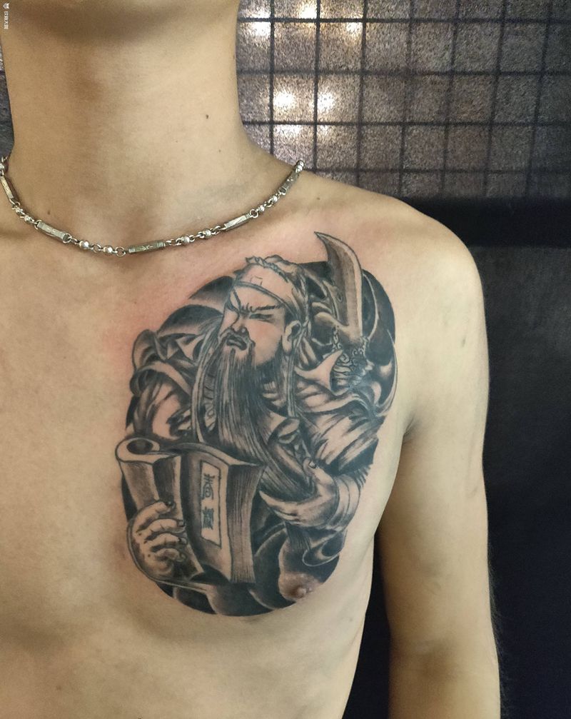 关羽纹身图片_胸部新传统纹身图案