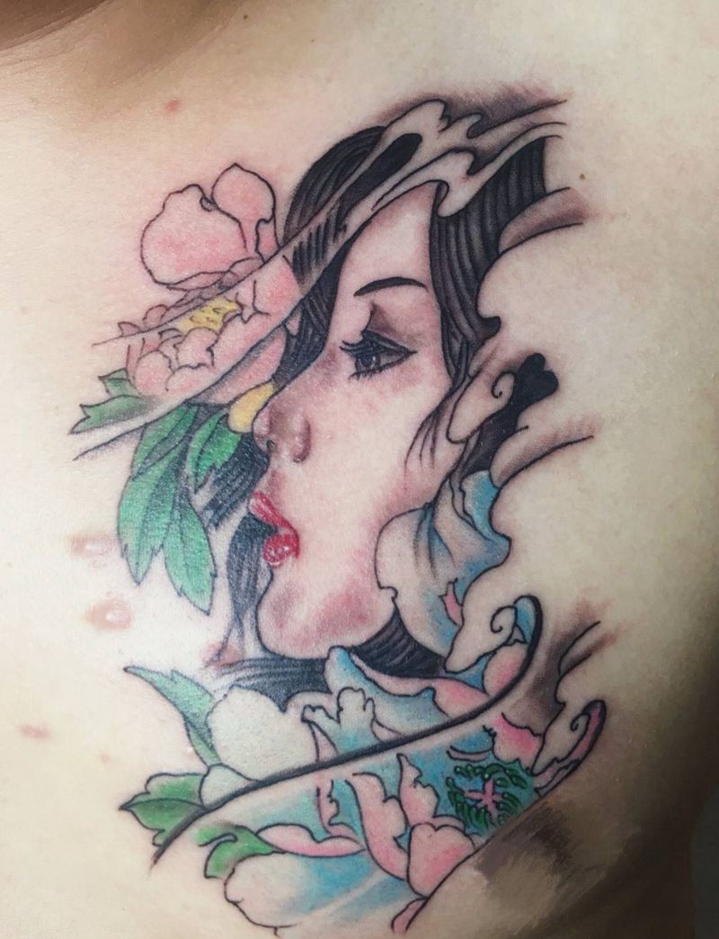 胸口艺妓纹身图片_成品胸部肖像人物纹身图案
