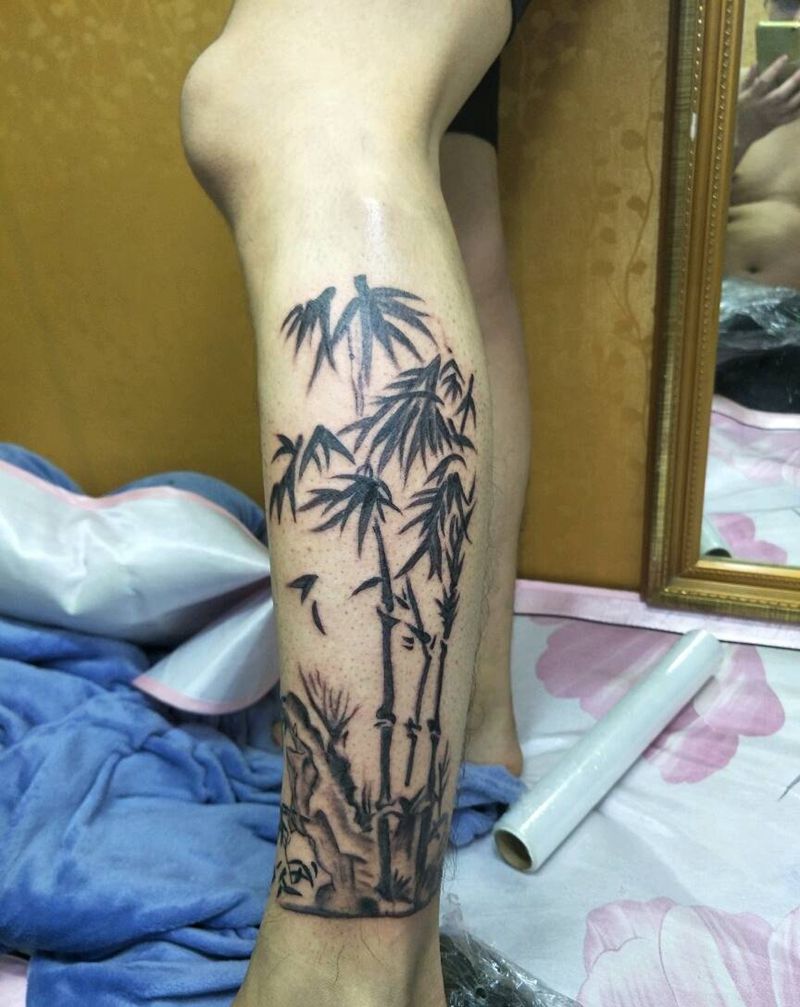 竹子纹身图片_腿部传统国画植物纹身图案