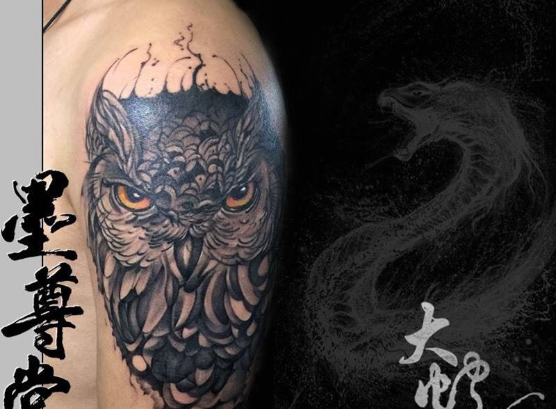 猫头鹰纹身图片_欧美手臂成品动物纹身图案