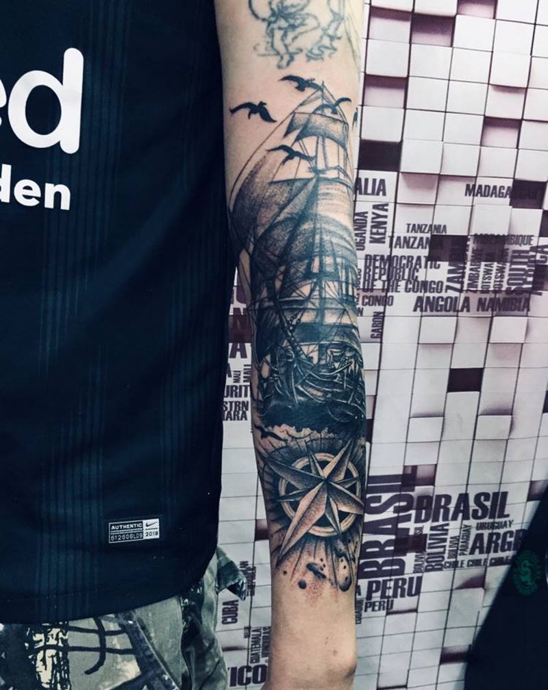 帆船纹身图片_手臂纹身图案