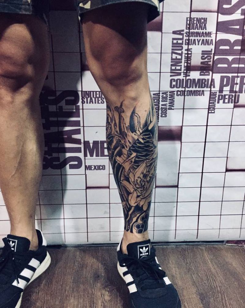 包小腿彩色部分未完成纹身图片_腿部纹身图案