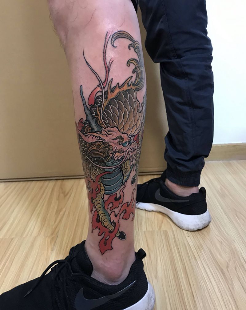 麒麟纹身图片_腿部新传统纹身图案