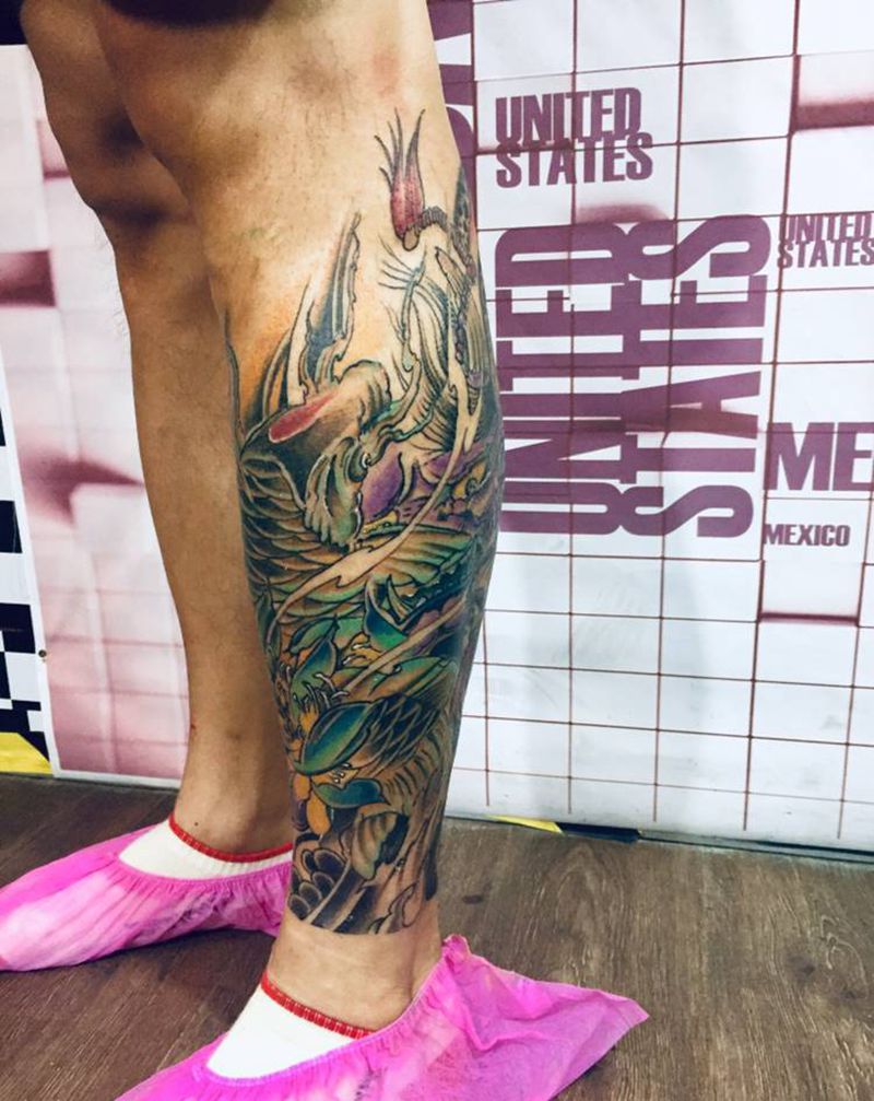 传统鲤鱼般若纹身图片_腿部纹身图案