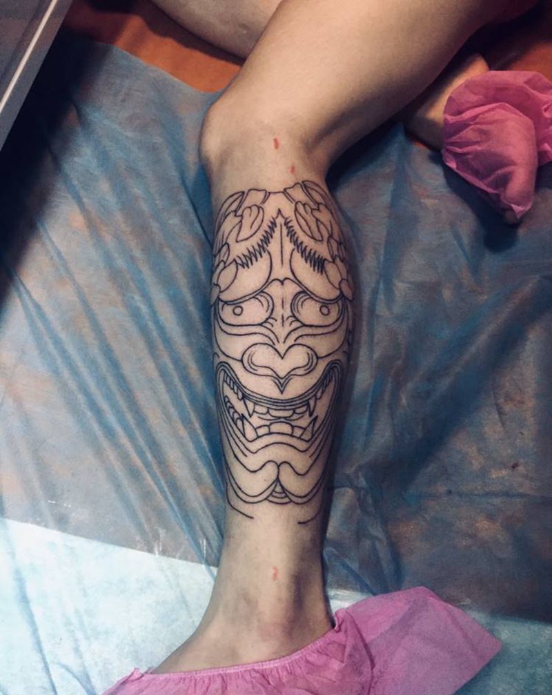 般若线条纹身图片_腿部纹身图案