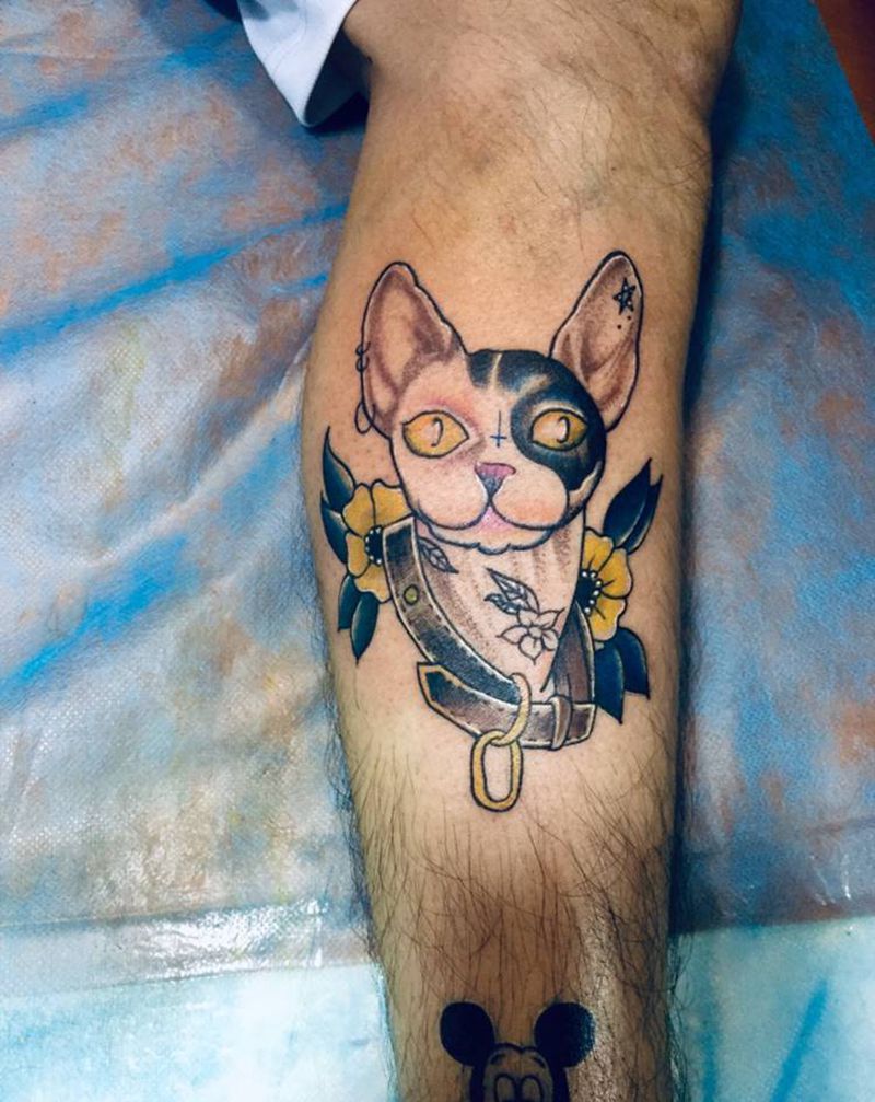 无毛猫纹身图片_腿部纹身图案