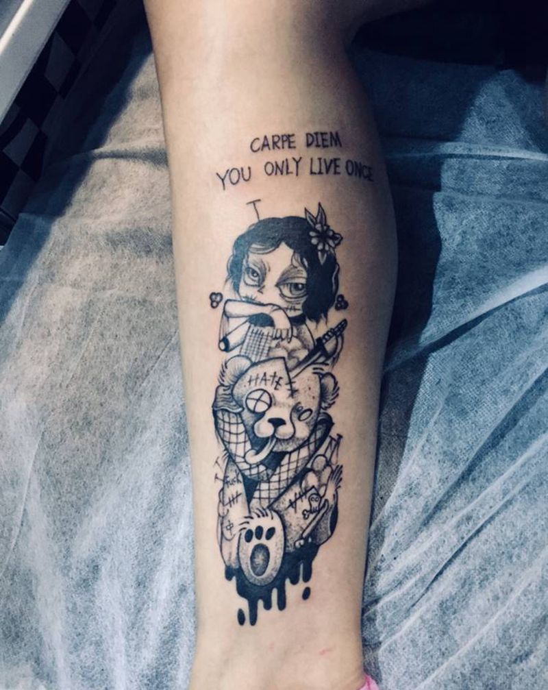 人偶纹身图片_腿部纹身图案