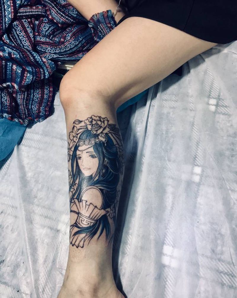 艺妓彩色未完成纹身图片_腿部纹身图案