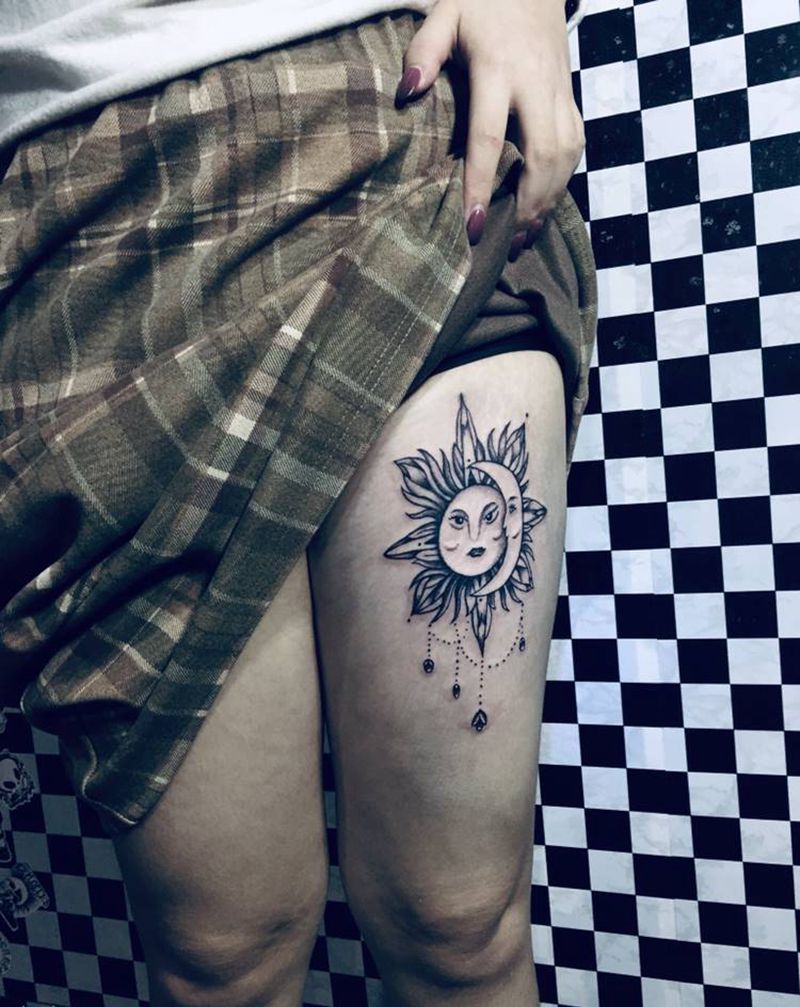 日月纹身图片_腿部纹身图案