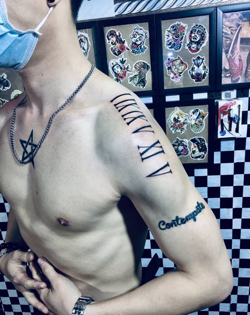 罗马数字纹身图片_手臂肩部纹身图案