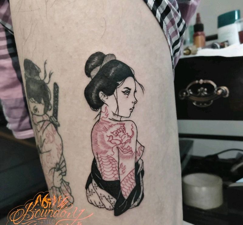 女忍者纹身图片_腿部New School纹身图案