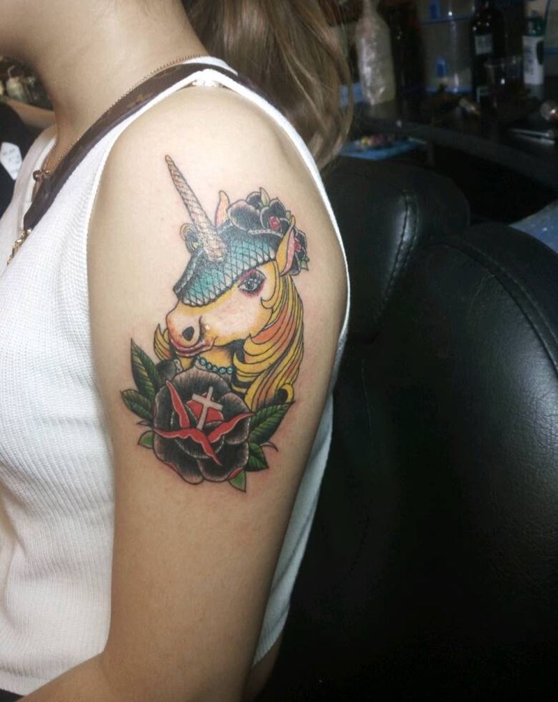 独角兽纹身图片_手臂欧美动物成品纹身图案