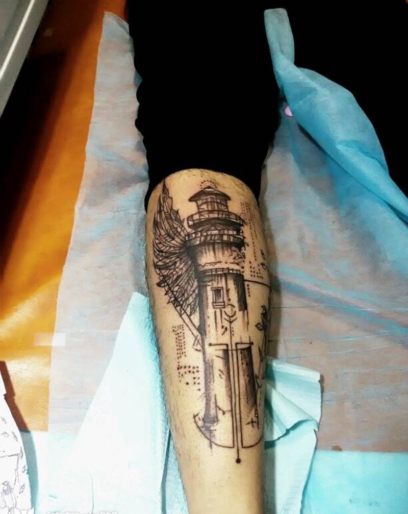 小腿灯塔纹身图片_腿部纹身图案