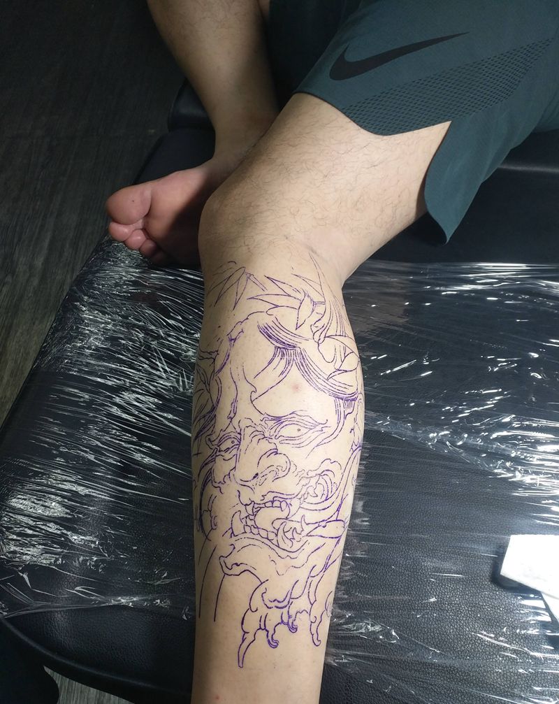 般若纹身图片_腿部新传统老传统纹身图案