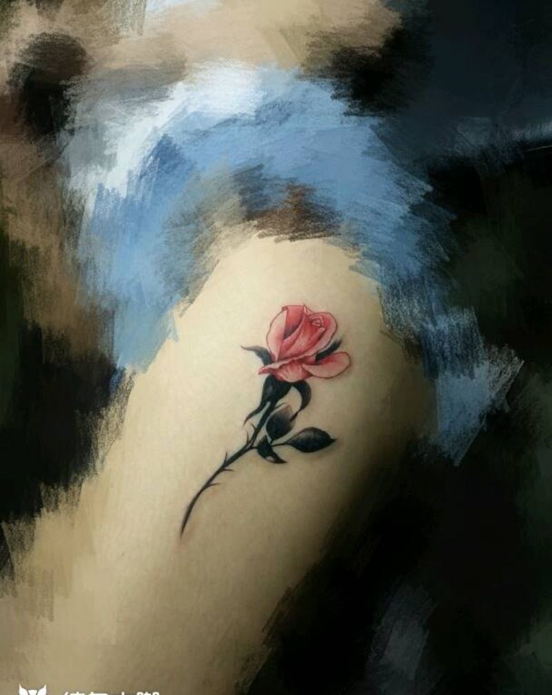 花朵纹身图片_腿部清新植物成品纹身图案