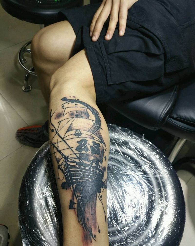 一帆风顺纹身图片_腿部欧美静物成品纹身图案