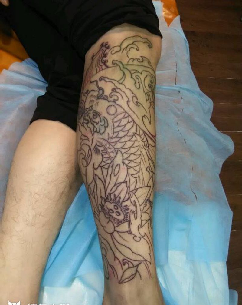 小腿走线纹身图片_腿部纹身图案