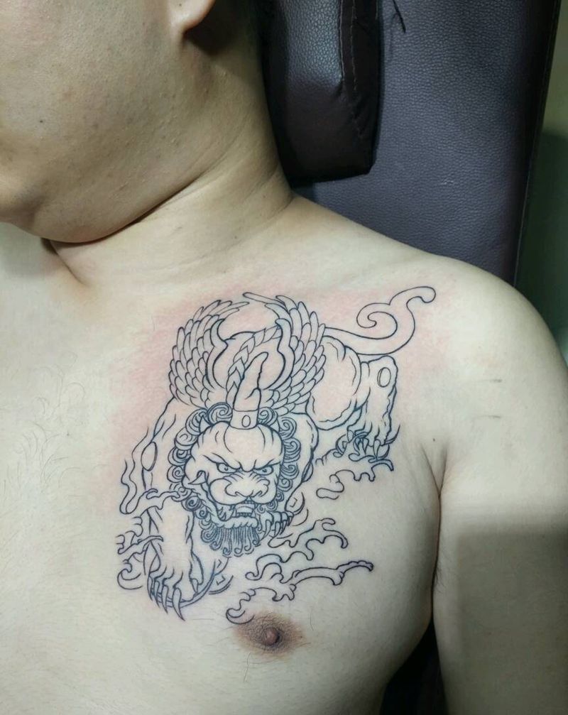 几张近期单线图纹身图片_胸部腹部传统几何鬼神纹身图案