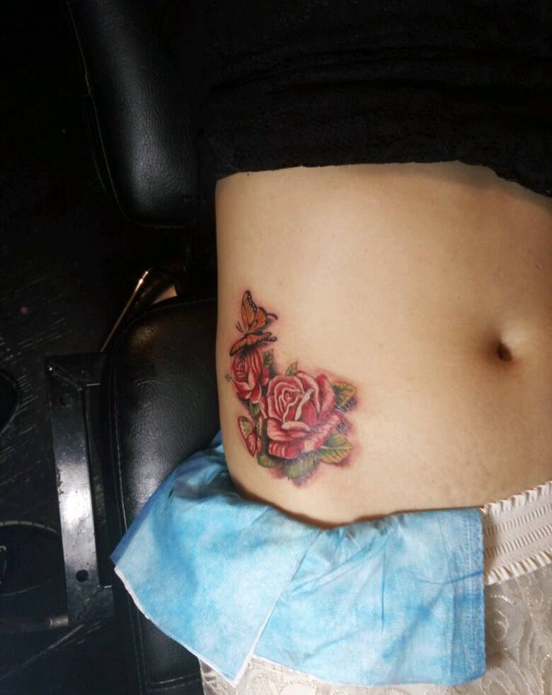 花。蝴蝶纹身图片_腿部清新植物纹身图案