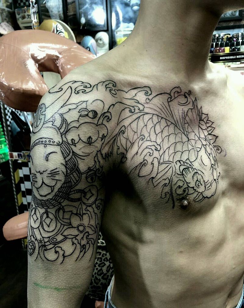 先走个线明天继续纹身图片_胸部手臂纹身图案