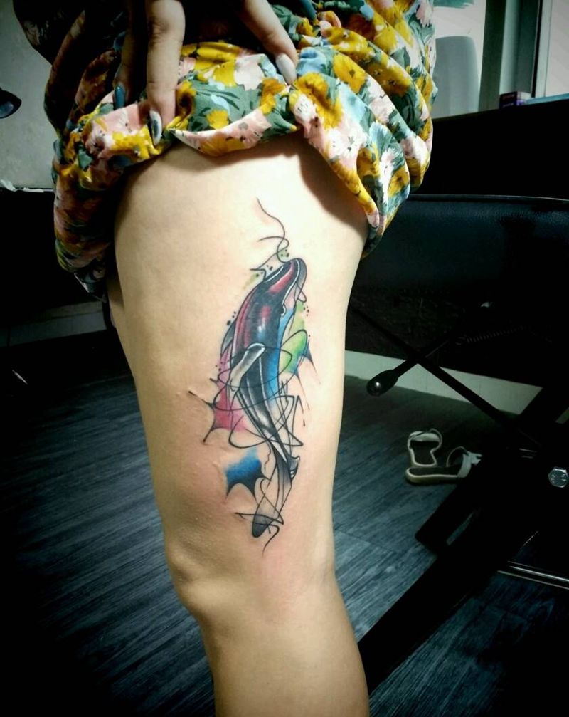鲸鱼遮盖纹身图片_腿部水彩纹身图案