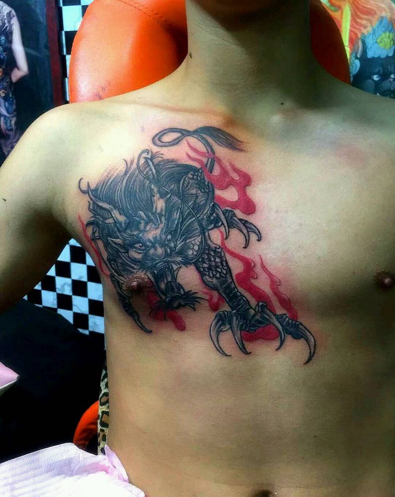 火麒麟遮盖纹身图片