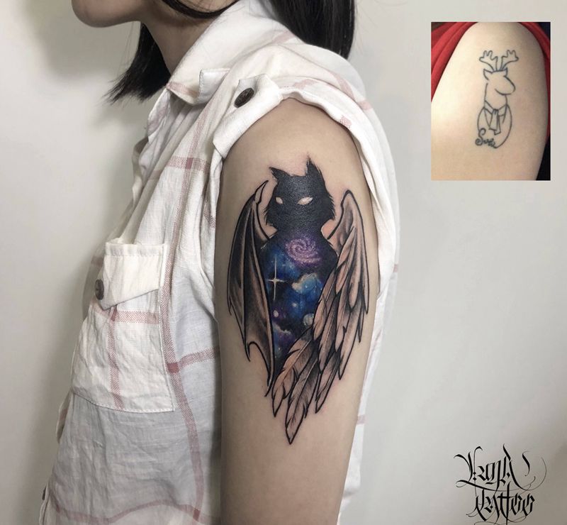 星空猫纹身图片_手臂水彩New School星空猫翅膀纹身图案
