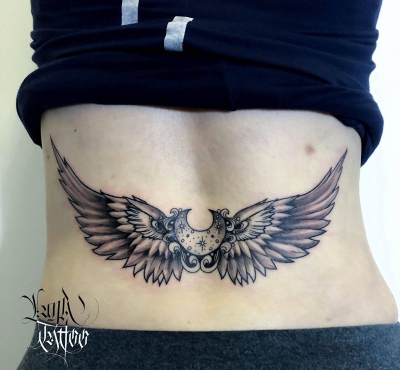翅膀（遮盖疤痕)纹身图片_腰部背部翅膀遮盖纹身图案