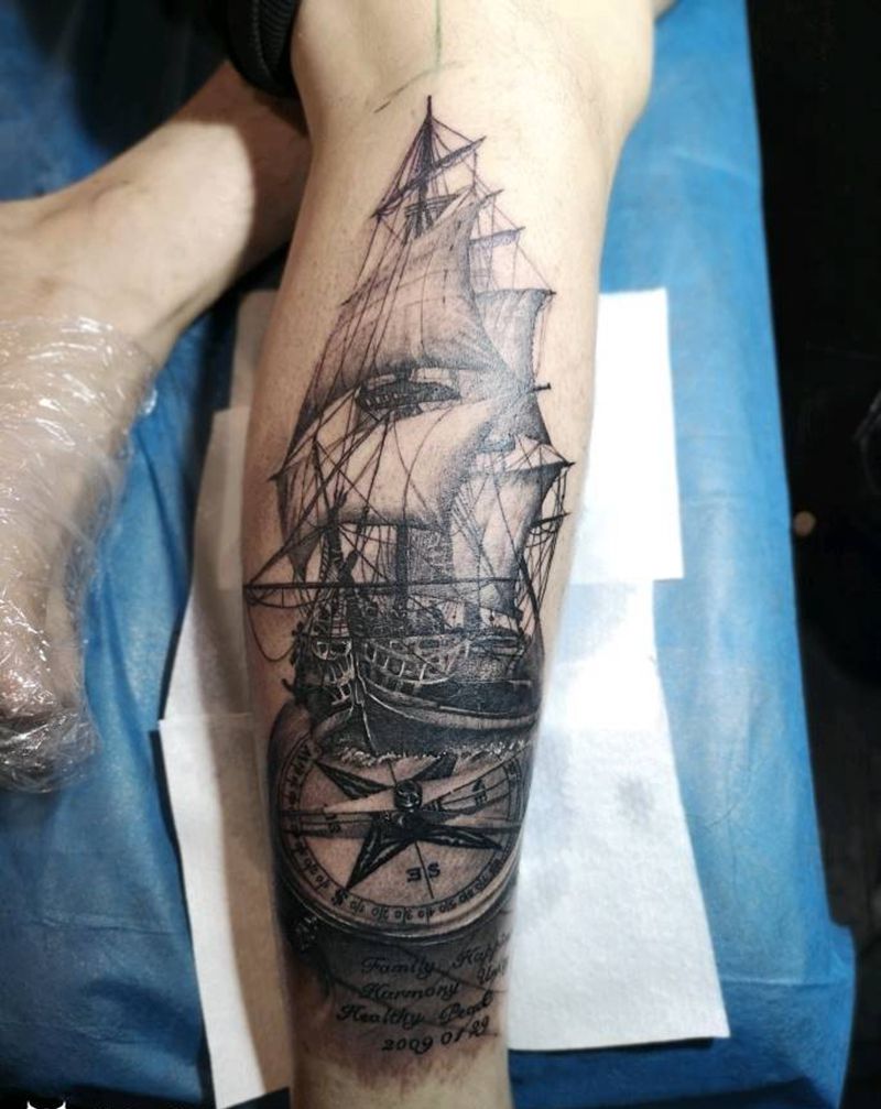 航程纹身图片_腿部欧美写实帆船纹身图案