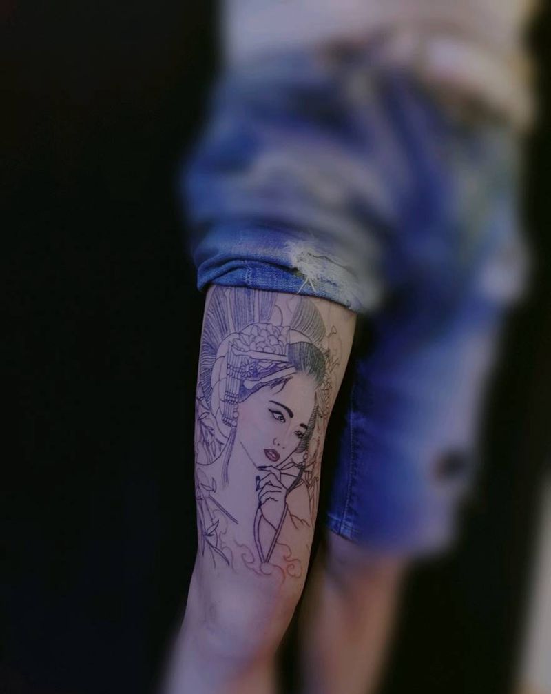 艺伎线条纹身图片_腿部艺伎纹身图案