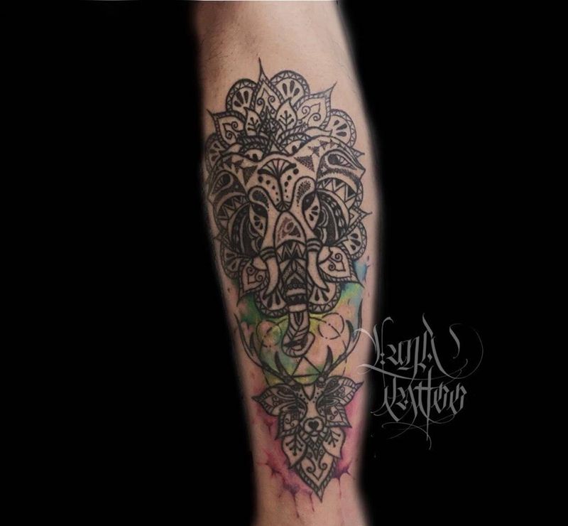 水彩象神纹身图片