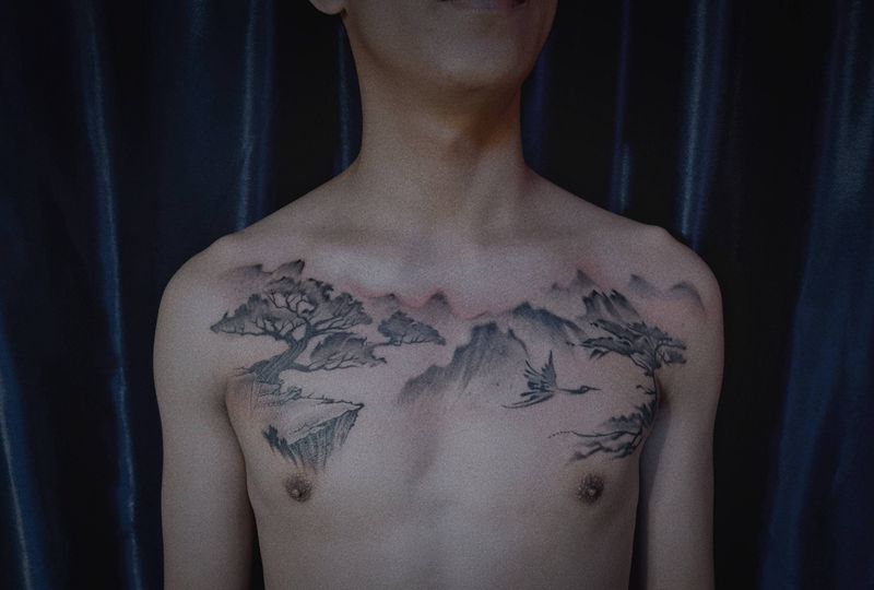 今日作业纹身图片_肩部水墨纹身图案