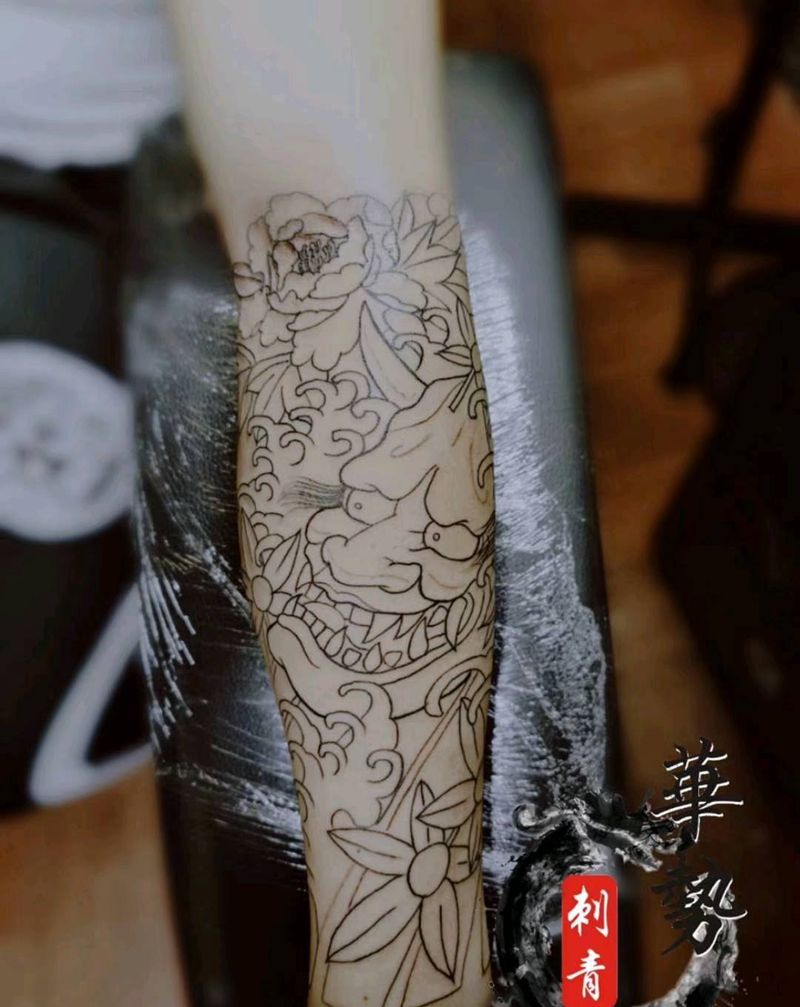 般若线条纹身图片_手臂老传统纹身图案