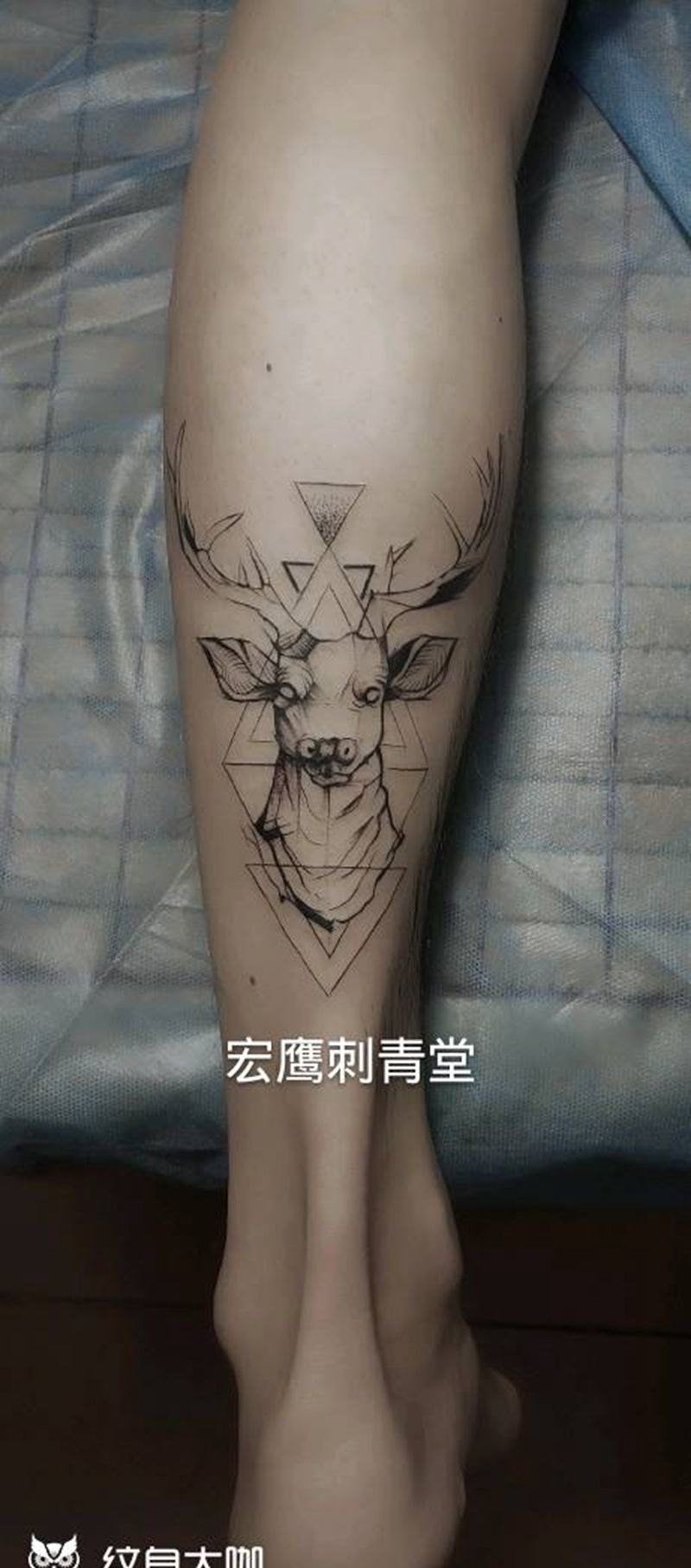 鹿头纹身图片_腿部脚部几何新传统纹身图案
