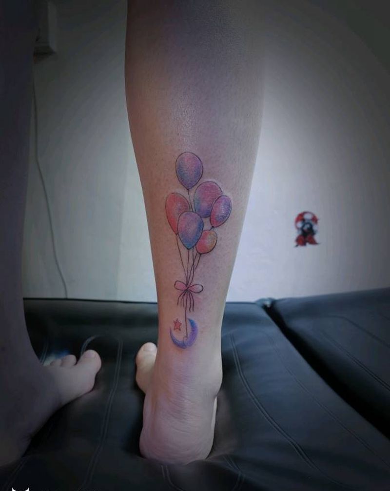 热气球纹身图片_腿部水彩纹身图案