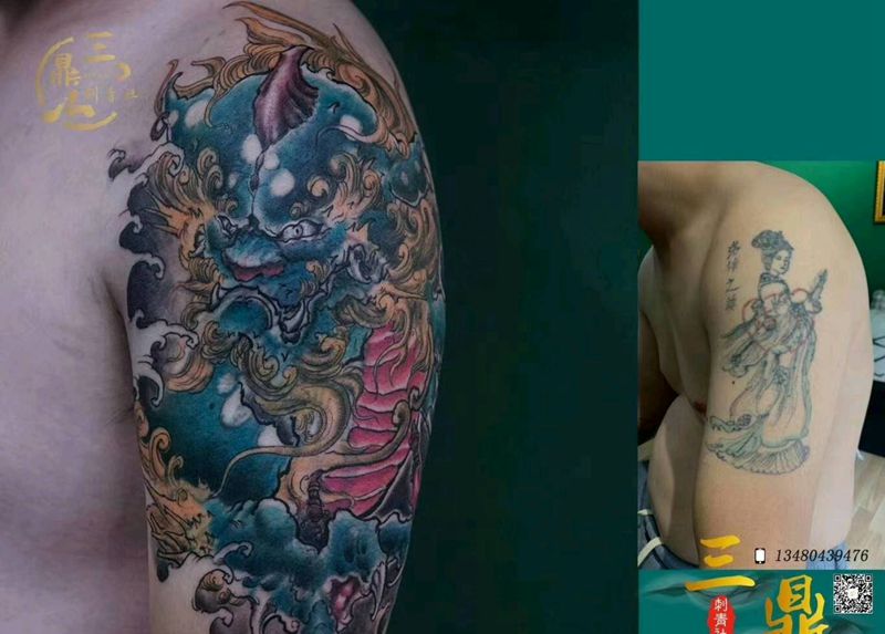 大臂唐狮纹身图片_肩部纹身图案