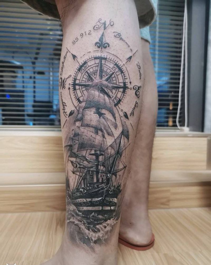 方向纹身图片_水墨欧美写实帆船⛵️纹身图案