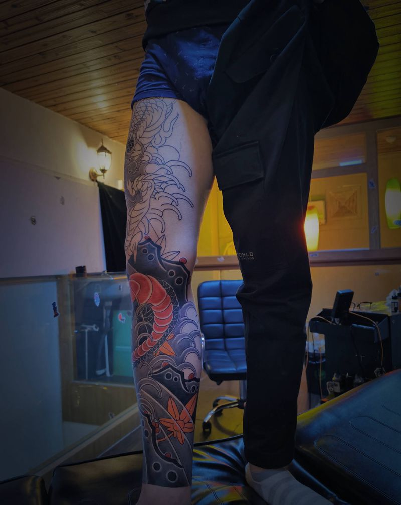 花腿龙 未完成纹身图片_腿部老传统纹身图案