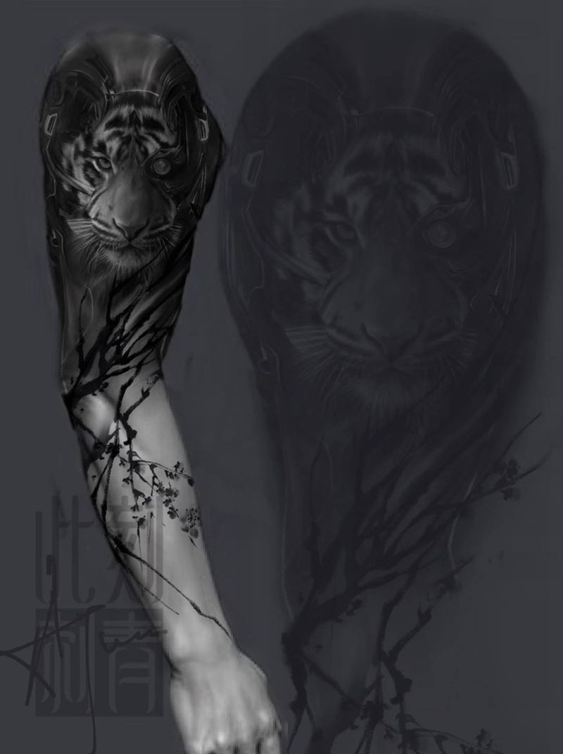 我的手稿分享纹身图片_手臂欧美写实水墨老虎纹身图案