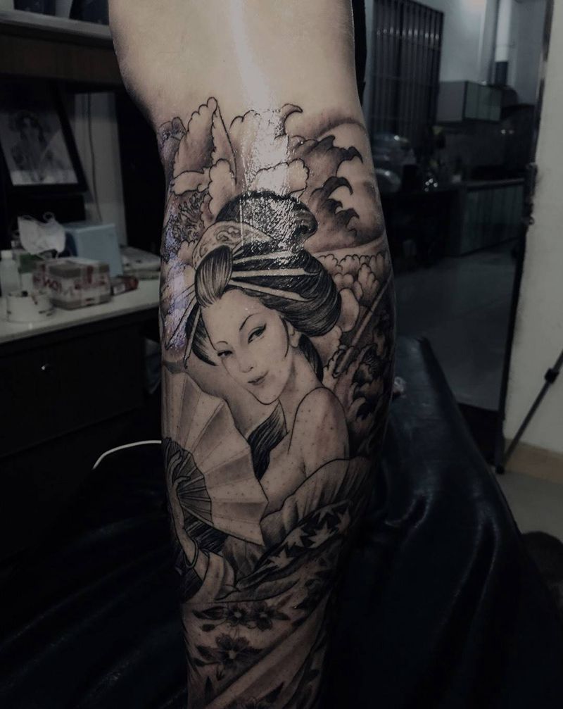 包小腿纹身图片_腿部脚部肖像传统鬼神人物纹身图案