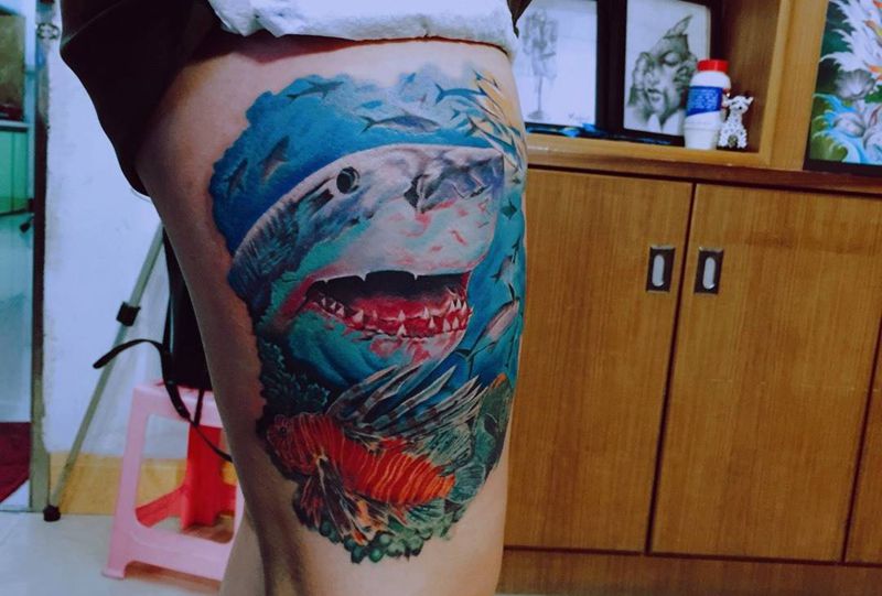 海底世界纹身图片_成品腿部写实欧美动物纹身图案
