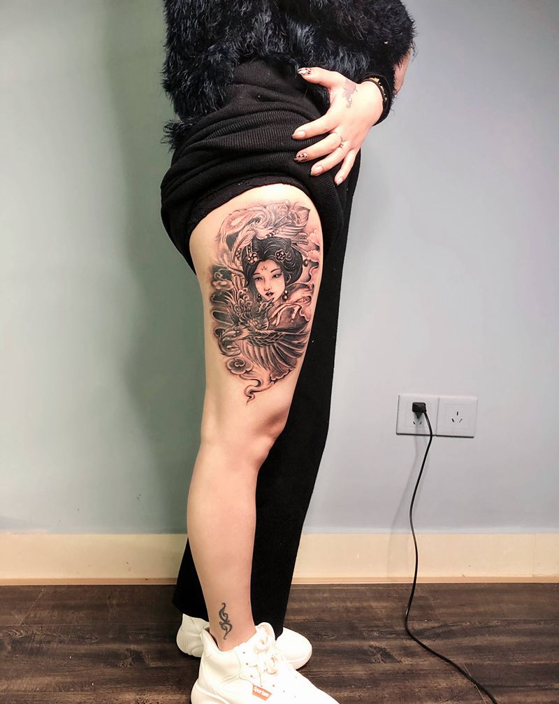 大腿艺妓纹身图片_腿部老传统新传统纹身图案