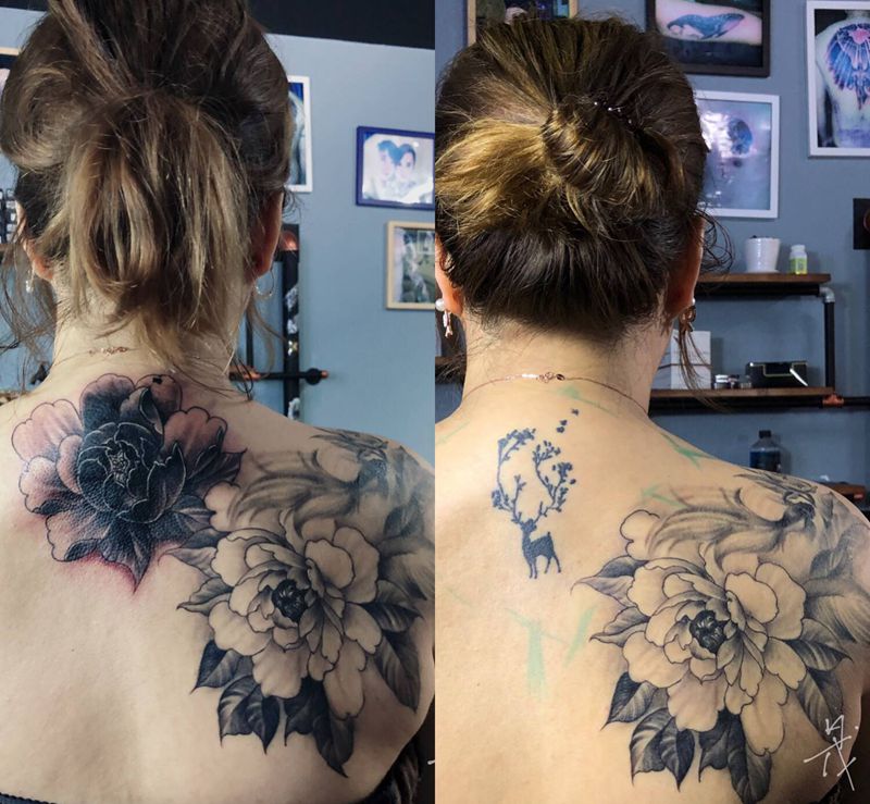 遮盖纹身纹身图片_背部新传统纹身图案