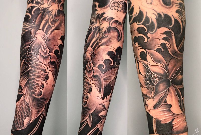 鲤鱼荷花之包半臂纹身图片_手臂新传统纹身图案