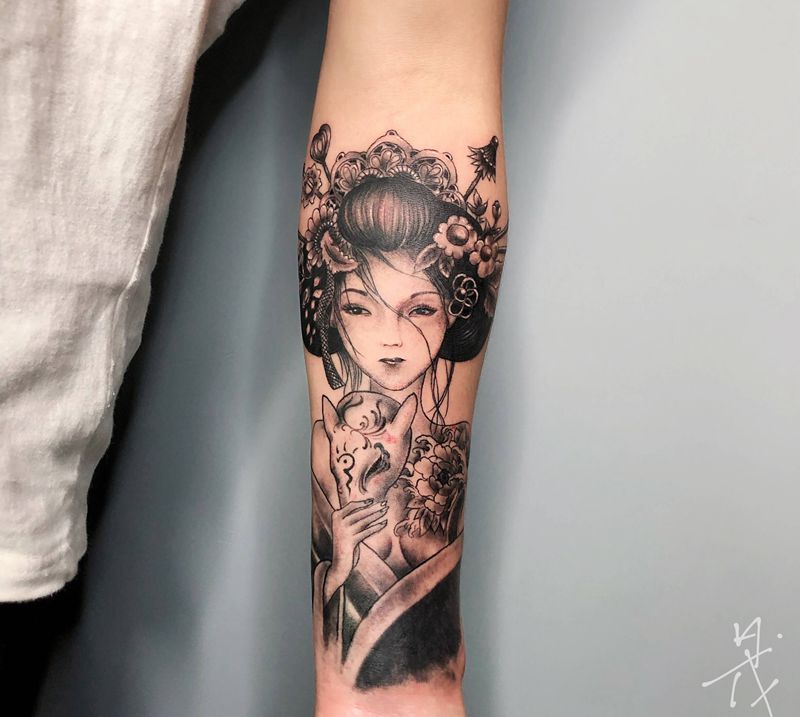艺妓纹身图片_手部新传统纹身图案