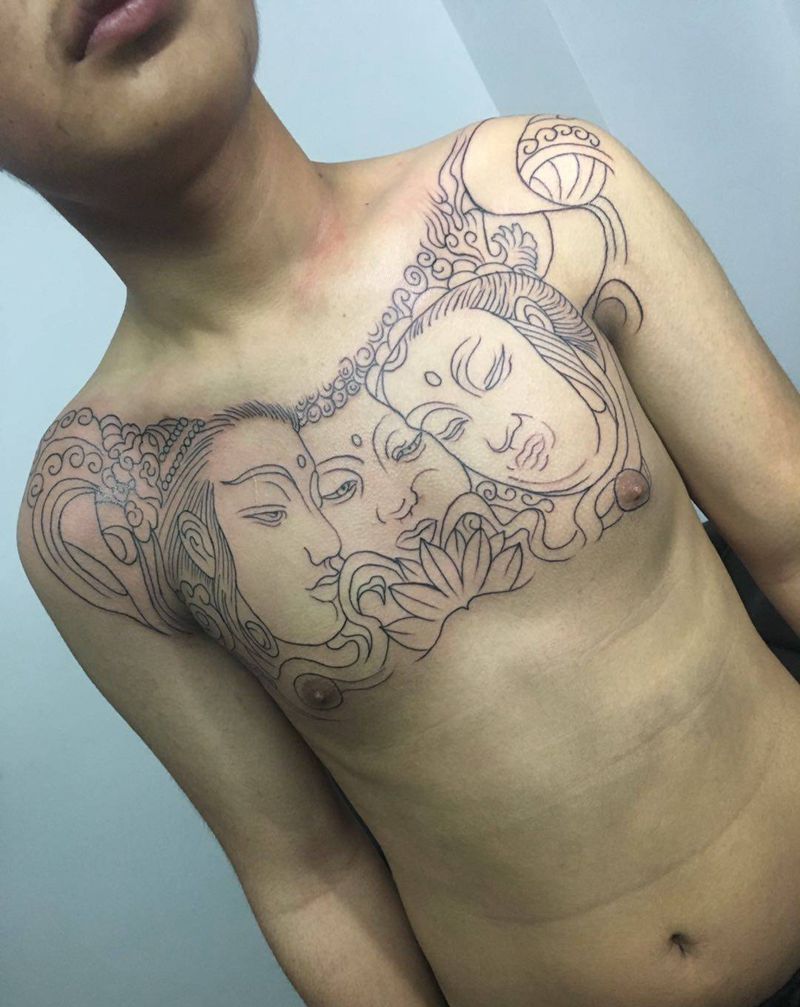 三面佛（原相机，无美颜）纹身图片_胸部纹身图案